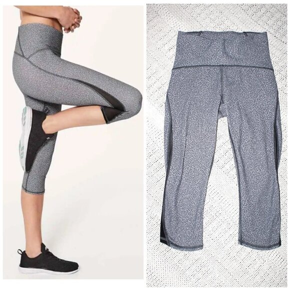 LULULEMON train times Black and white Speckled Mesh details Crop Leggings Size 4 - Picture 1 of 12